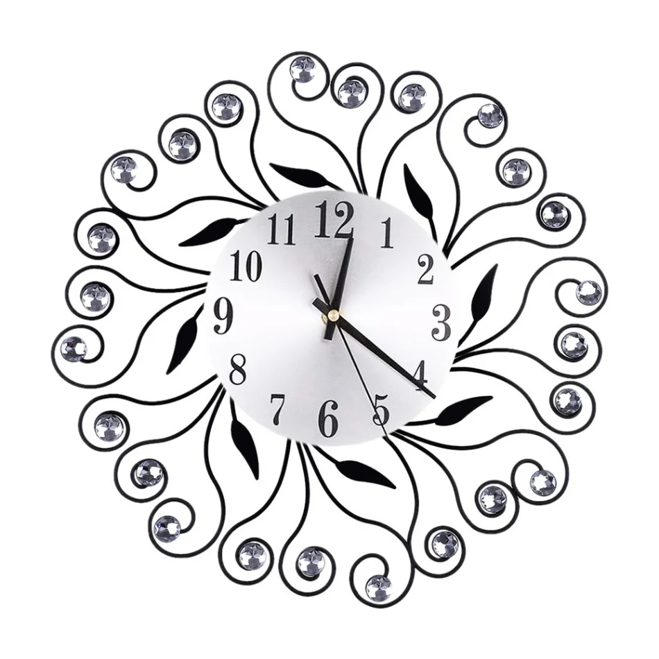 B Black New Clock Watch 3D Wall Clocks Vintage Wrought Iron Wall Clock Luxury Diamond Round Quartz Needle Clock Mute Home Decoration - Цвет: B Black