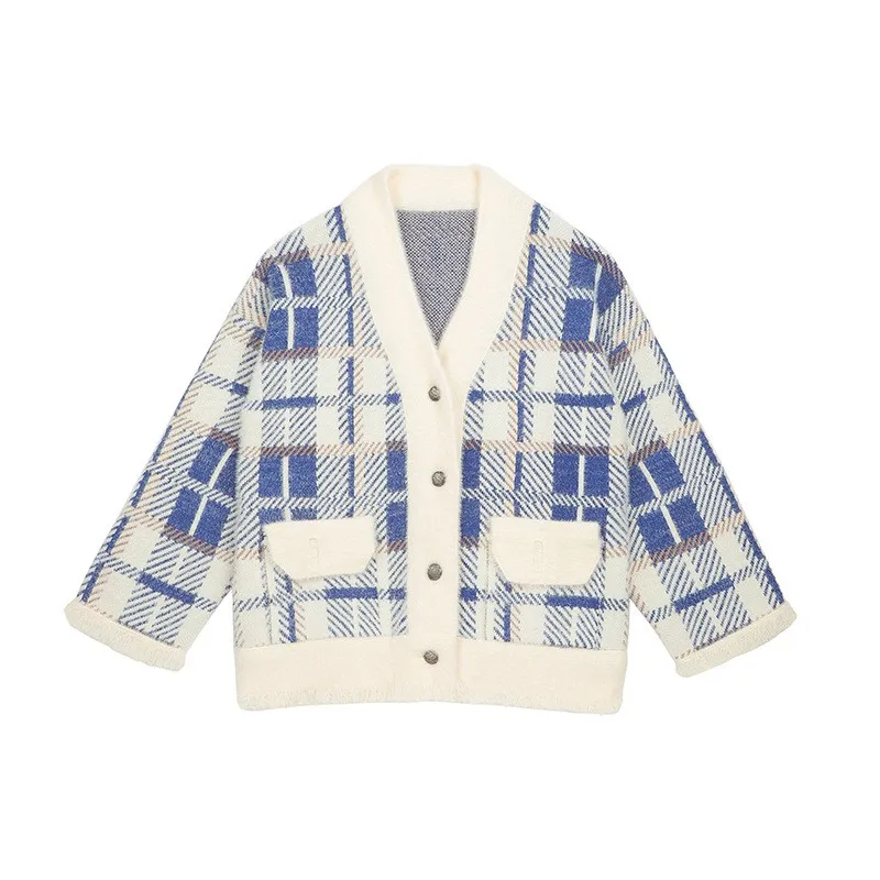 

2021 Autumn Winter Fashion Knitting Jacket Women Long Sleeve Loose V-Neck Plaid Sweater Cardigan Casual Single Breasted Sweaters