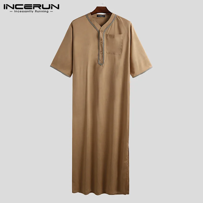 INCERUN исламский арабский кафтан для мужчин с коротким рукавом сплошной цвет