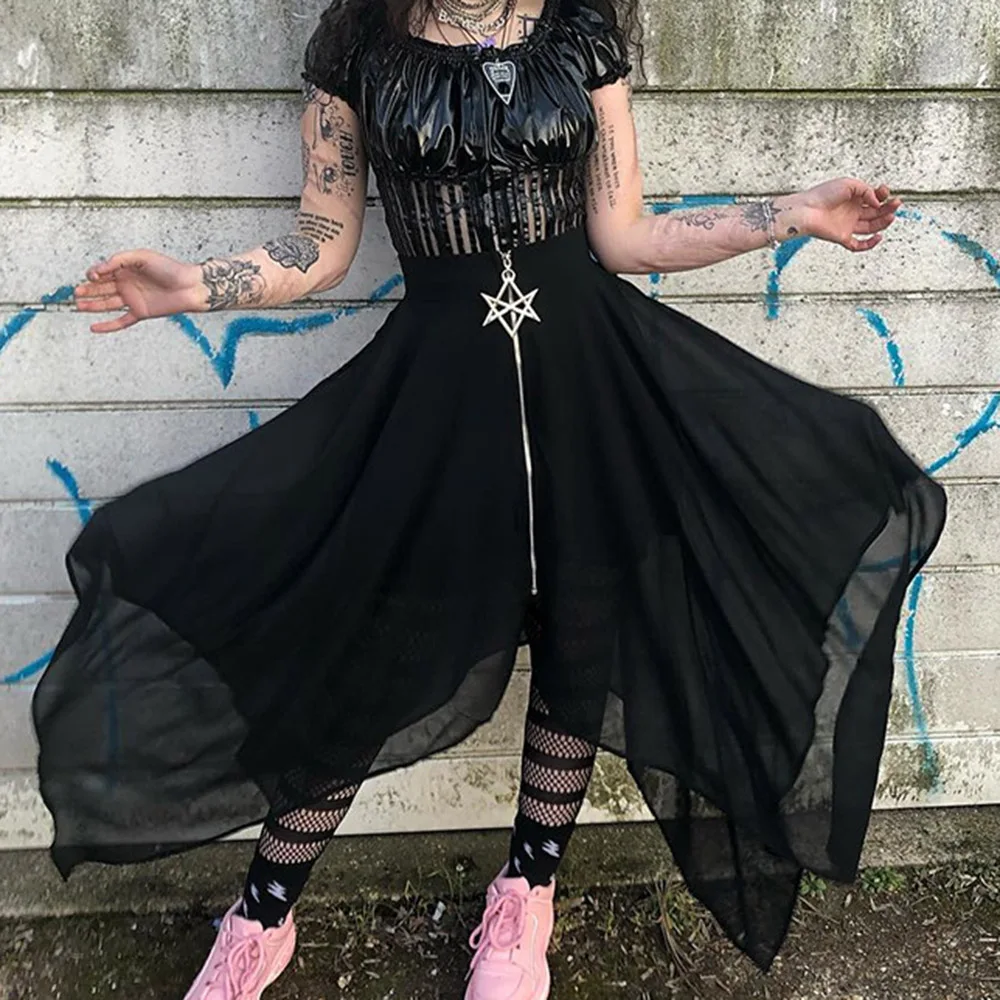 

Mesh Black Irregular Skirts Female Zipper Mid-length Summer 2021 New Style Skirts Gothic Punk Style Female Wear Zipper Dresses