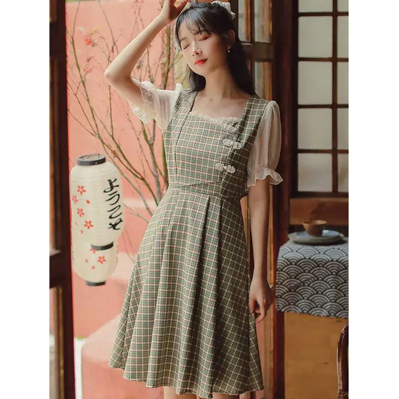 

Summer new retro improved cheongsam skirt girl sweet fresh student bubble sleeve waist slim Plaid Dress