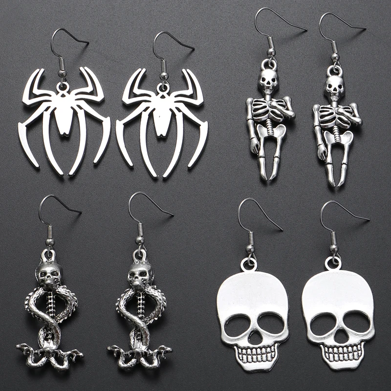 1Pair Halloween Earrings Spider Skull Dagger Wings Cross Moon Dangle Earring For Women Men Gothic Punk Handmade Jewelry Gifts