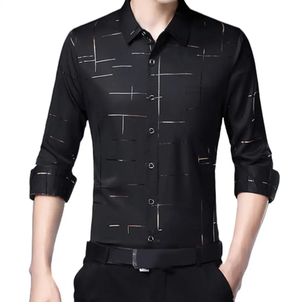 

Men Office Dress Shirt Irregular Stripes Satin Surface Casual Single-breasted Turndown Collar Long Sleeve Shirt for Business