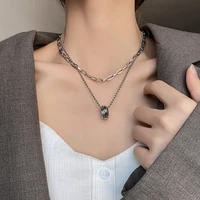 korean version of simple fashion geometric double ring titanium steel necklace female temperament all match clavicle chain