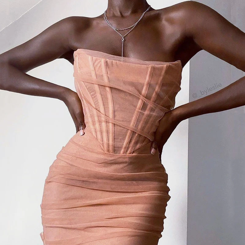 

Elegant Pink Mesh Strapless Bandage Sexy Dress Women Midi Night Club Party Dress Backless Lining Bodycon Summer Dress Vestidos