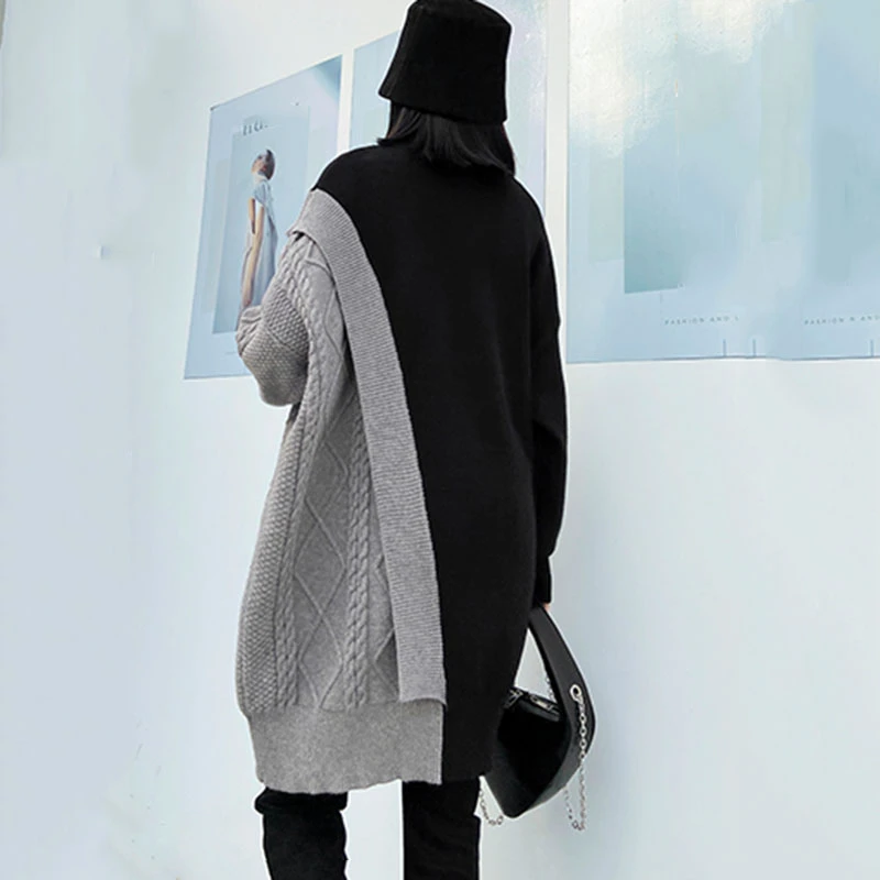 

SeeBeautiful Stitching Large Size Knitted Sweater O Neck Long Sleeve Contrast Color New Fashion 2021 Spring Winter Women M693