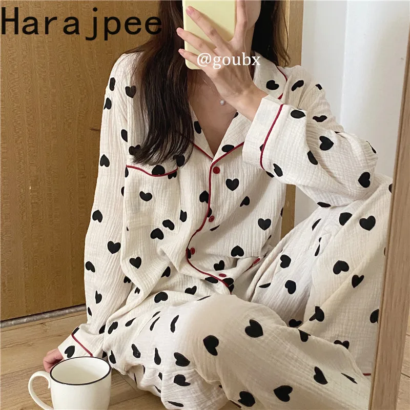 

Harajpee Women Pajama 2021 Spring Autumn Japanese Sweet Cute Western Mori Girl Style Love Polka Dot Long Sleeve Home Wear Suits