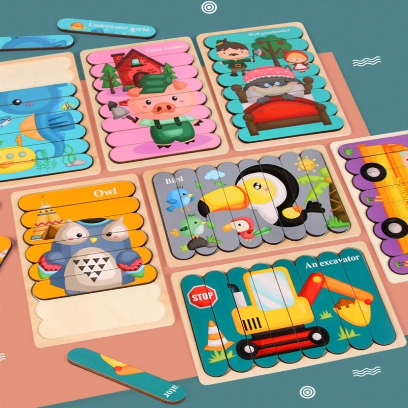 Детский деревянный 3D-пазл с животными игрушка Монтессори двухсторонний пазл