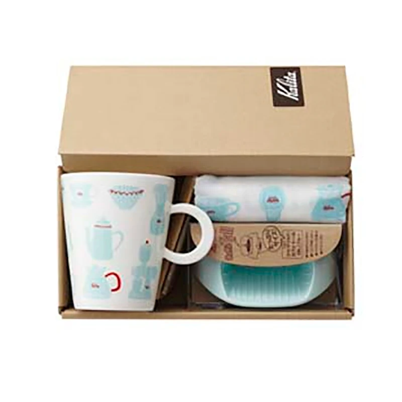

Japan Kalita Ceramic Coffee Cup with Fan-shaped Plastic Three Holes Filter with Coffee Cotton Handkerchief 60th Anniversary Set