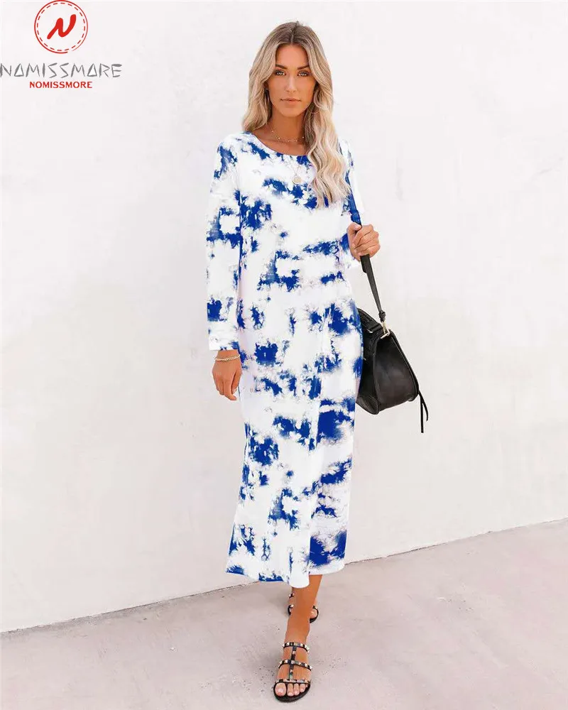

Fashion Women Spring Autumn Casual Loose Dress O-Neck Long Sleeve Mid Waist Print Pullovers Long Dress
