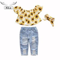 girls flying sleeves woven printed sun flower brushed denim ripped turban three piece set fashion clothes baby girl clothes