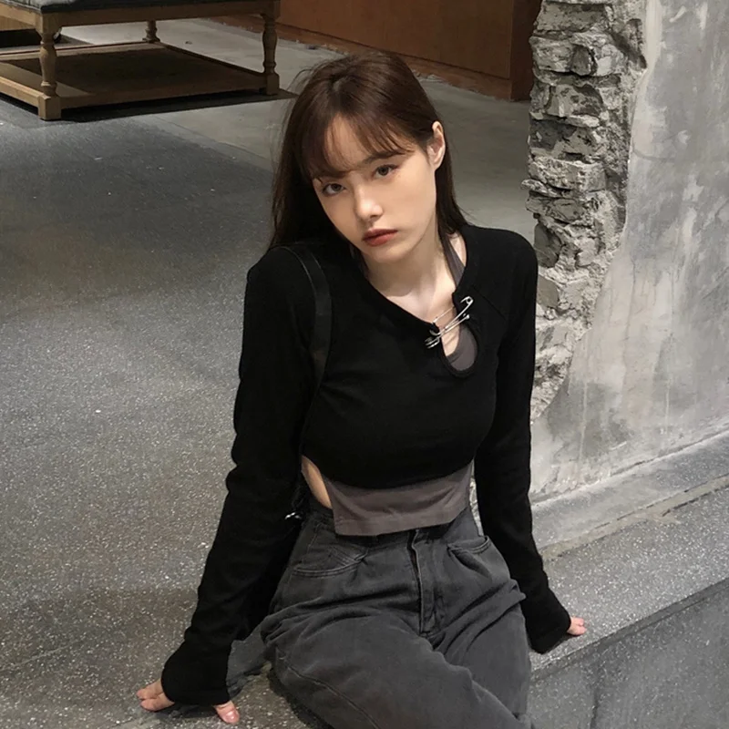 Женская короткая футболка с длинным рукавом облегающая весна-осень 2021 | одежда