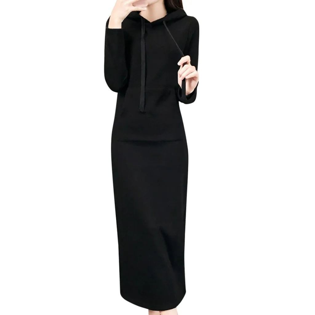Женское винтажное платье макси с капюшоном Осеннее однотонное Повседневное