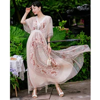 dress women elegant design 100 silk shell printed double v collar half batwing sleeves high waist dresses ladies new fashion