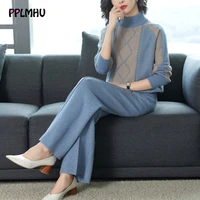 blue patchwork pattern sweater two piece set fashion warm turtleneck tops and knitted wide leg pant suit 2020 fall casual wear