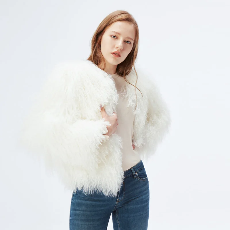 NEW Design Olivia's Womens Lamb Fur Coat Tan Sheep Fur Coats Short Sheep Skin Jacket 55cm Mongolia Sheep Fur In Real Fur Coat