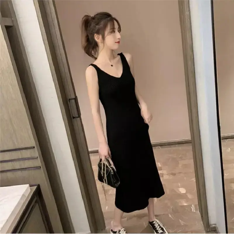Women's Spring Summer Style Slim Dress knitted Sleeveless V-Neck Casual A-Line SS1206 | Женская одежда