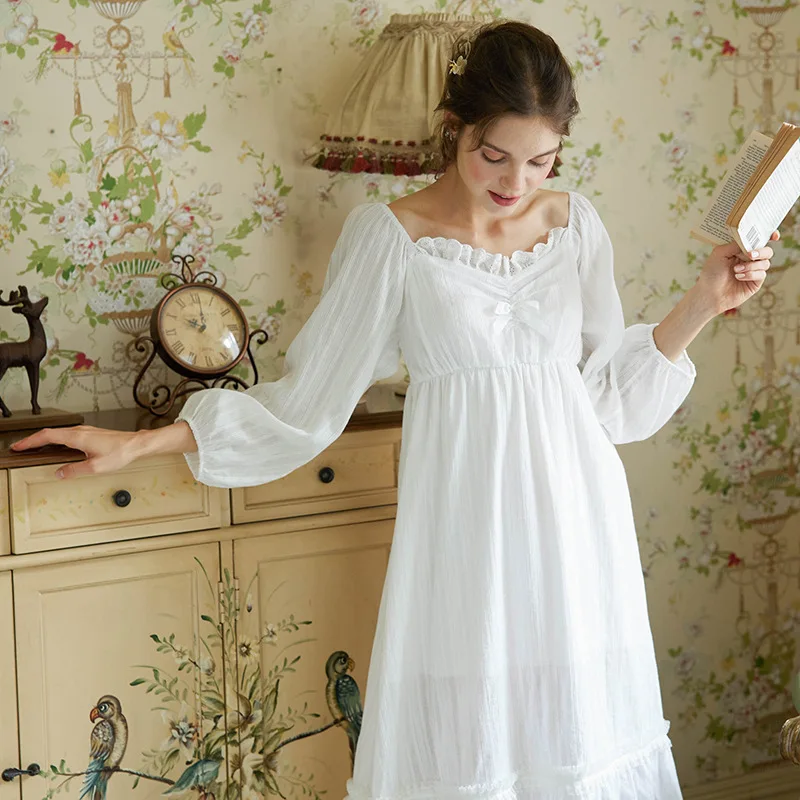 

Solid Elegant Palace Style Lady Nightgowns Women Autumn New Pure Cotton Sleepdress Home Clothes Leisure Casual Negligee Dress