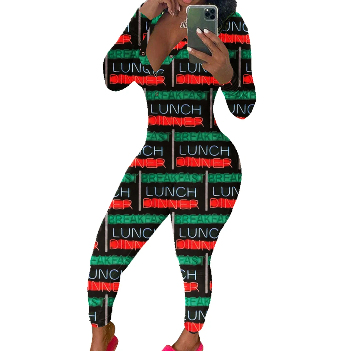 

Womens Jumpsuits Fashion Sexy Autumn Outfits LetterPrinted Long Sleeve Deep V Neck Button Front One Piece Casual Jumpsuits