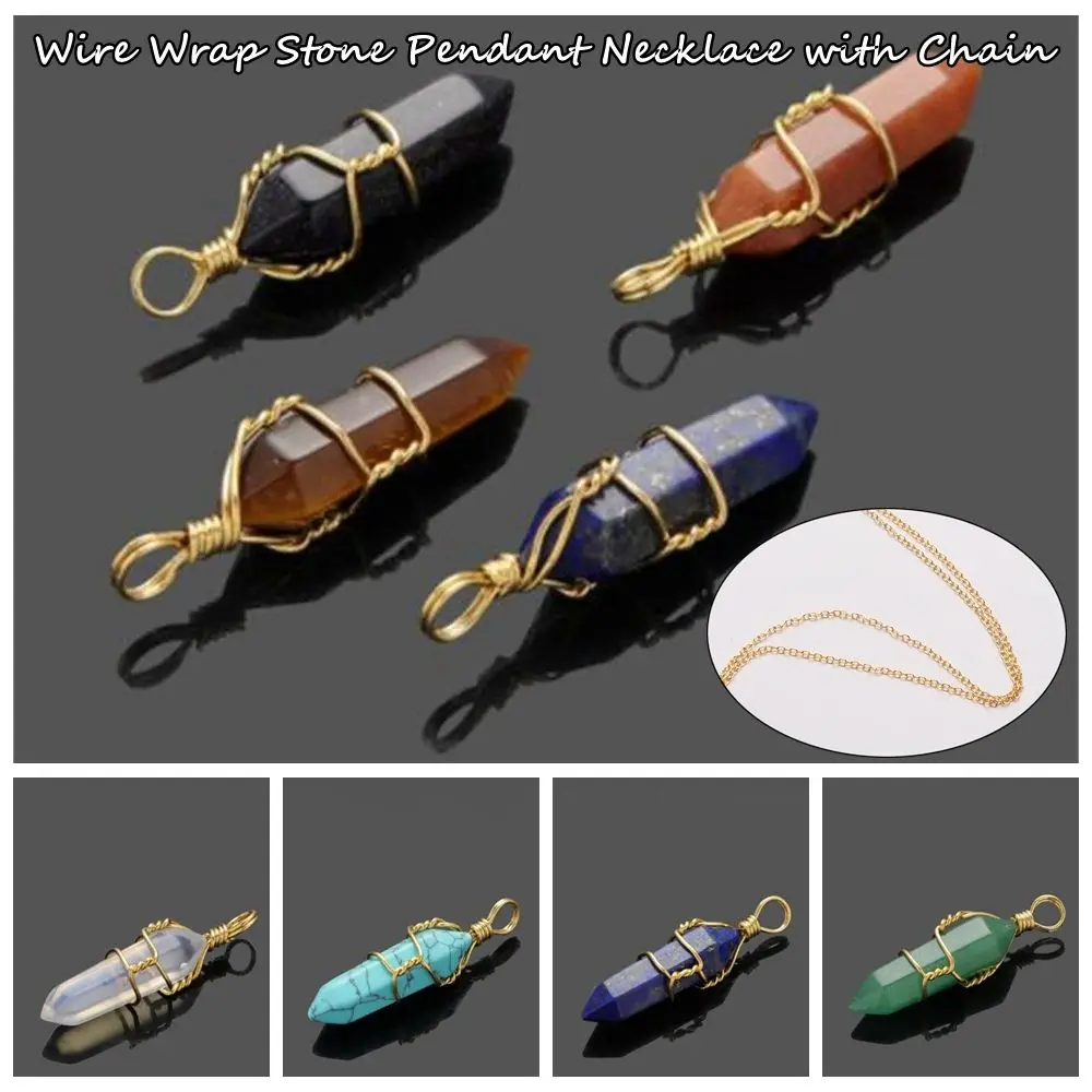 

Amethyst Malachite Tiger Eye Wire Wrap Stone Pendant Rose Quartz Hexagonal Cylindrical Crystal Necklace Natural Stone