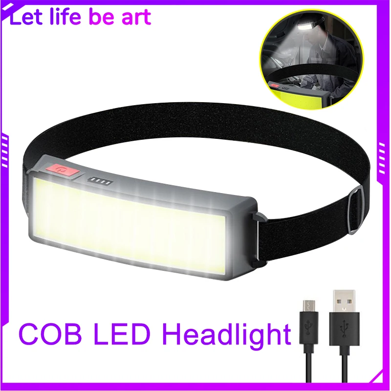 

Портативный мощный светодиодный налобный фонарь с COB матрицей, Головной фонарь со встроенным аккумулятором и зарядкой через USB, 3 режима, ули...