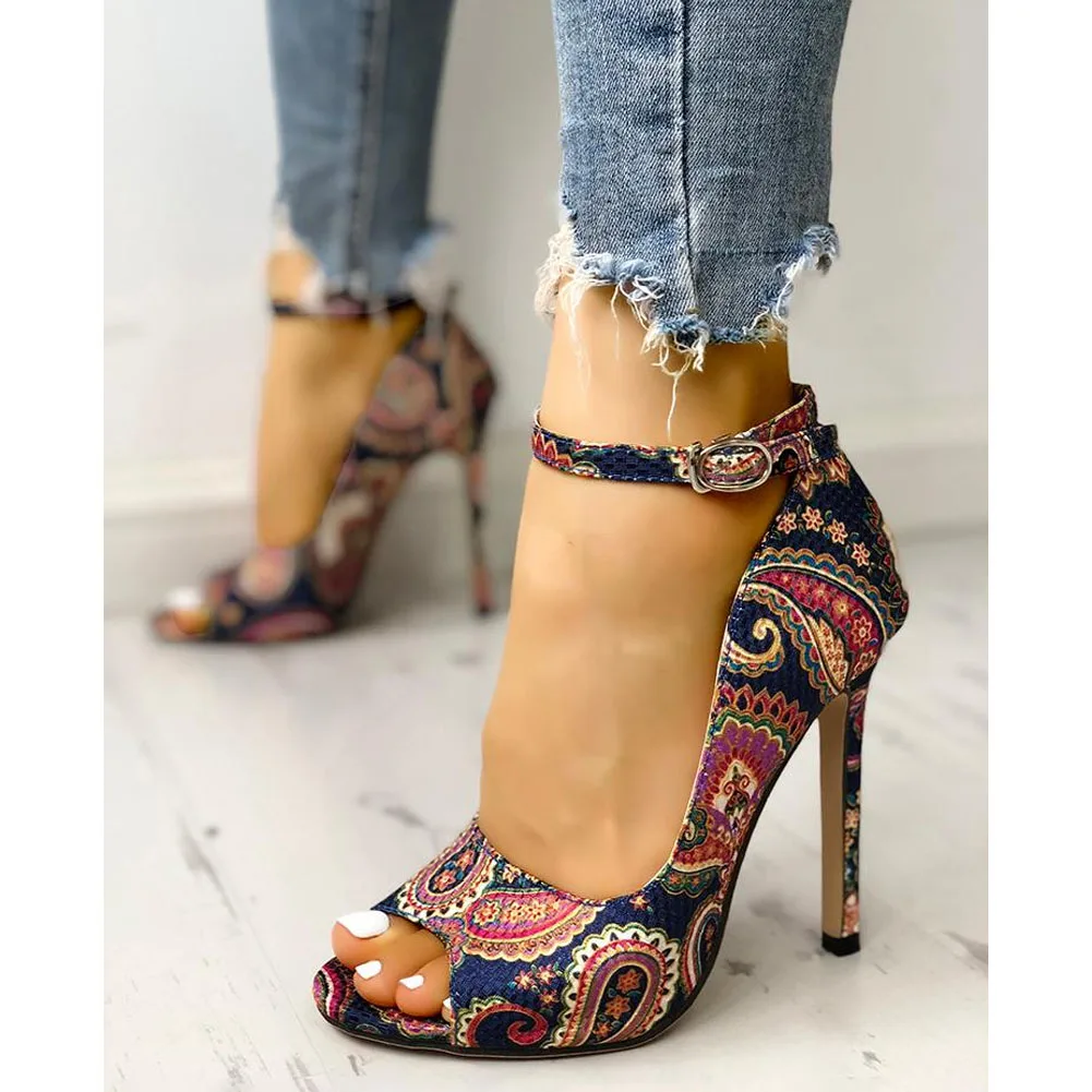 

Peep Toe Eel Buckle Strap Print Thin High Heel Shallow Sexy Party Sexy Club 2021 New Arrivals Hot Sale Woman Shoes Sandals