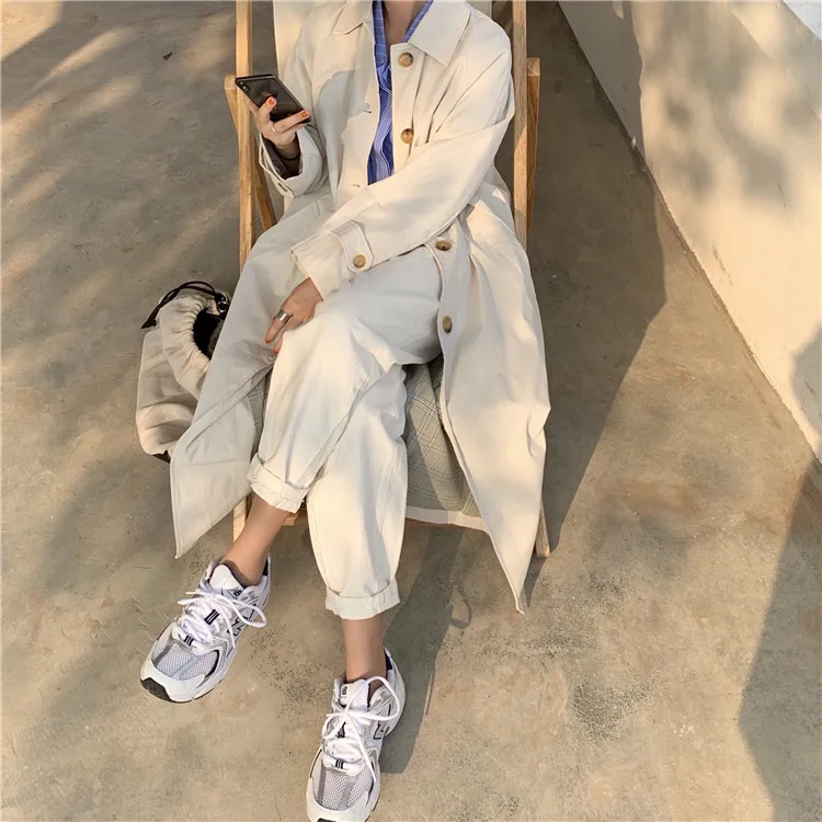 

Chic Women Windbreaker Jacket Casual Street Autumn Female Loose Trench Coat Korean Style Long Coat Women Windbreaker Lapel Coats