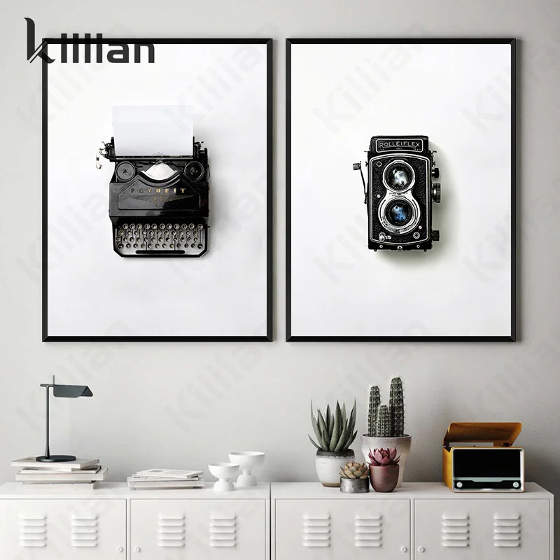 Винтажная черно-белая пишущая машинка фотография картина плакат холст печать