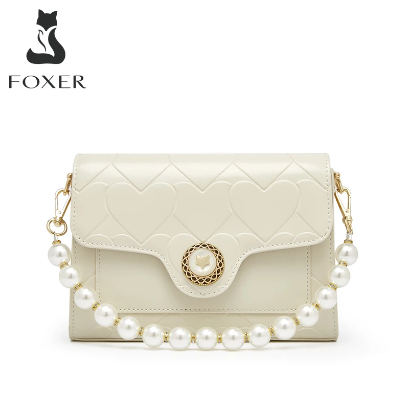 FOXER Brand Ladies Simple Leather Shoulder Bag Fashion Pearl Chain Handbag Valentine's Day Gift Love Pattern Messenger Bag Women