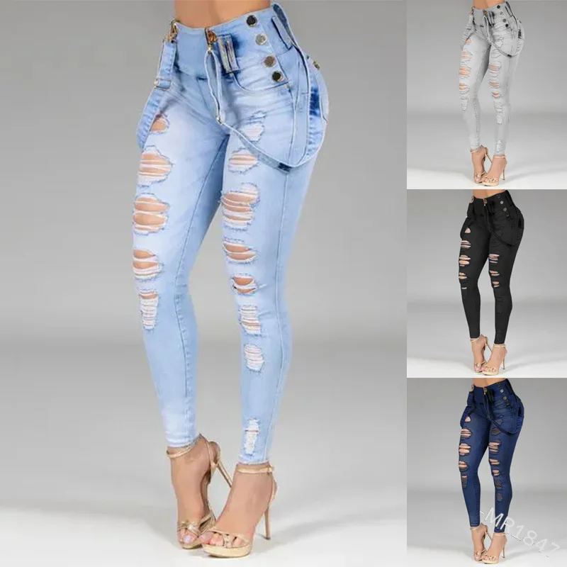 

Women Jeans High Waisted Straight Skinny Stretchy Pant Streetwear Ladies Hole Washed Bandage Denim Pencil Pants Trousers 2021