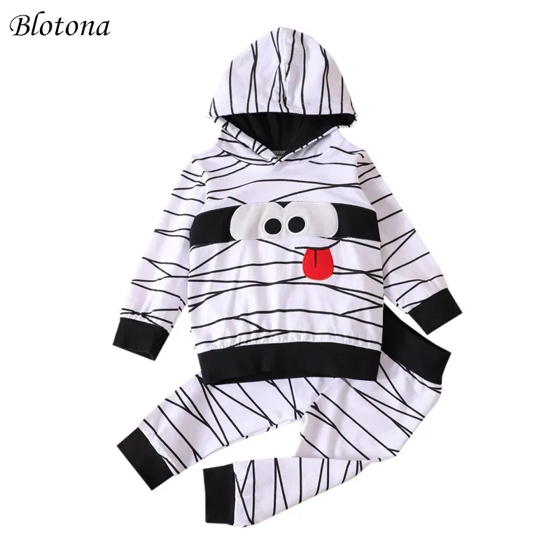 

Blotona Little Boy\u2019s Long-sleeved Trousers Suit Cartoon Pattern Hooded T-shirt and Irregular Lines Elastic Long Pants 6M-4Y