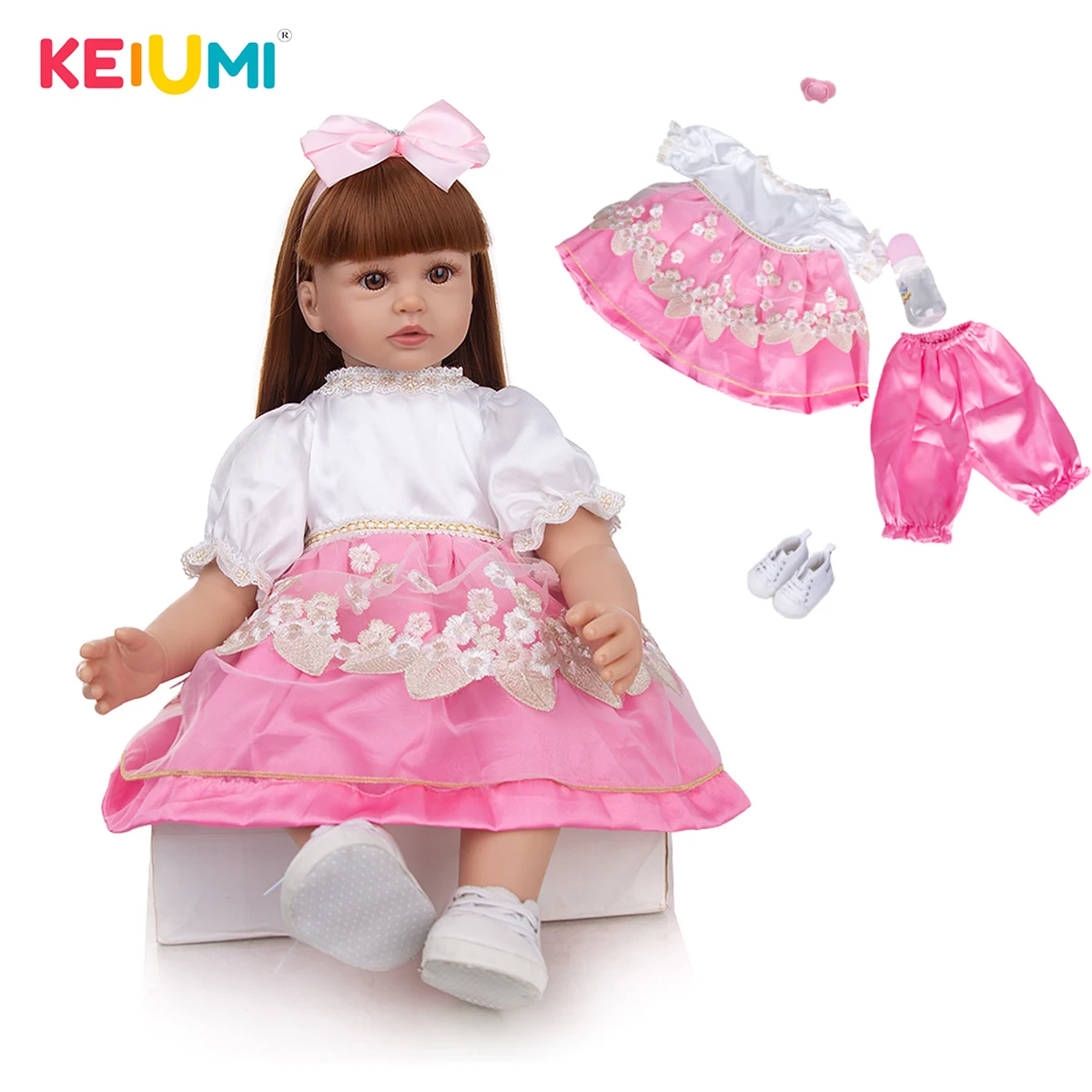 

KEIUMI 24 Inch Pretty Light Brown Long Hair Reborn Baby Doll White And Pink Gold Flower Dress Fast Delivery Alive Reborn