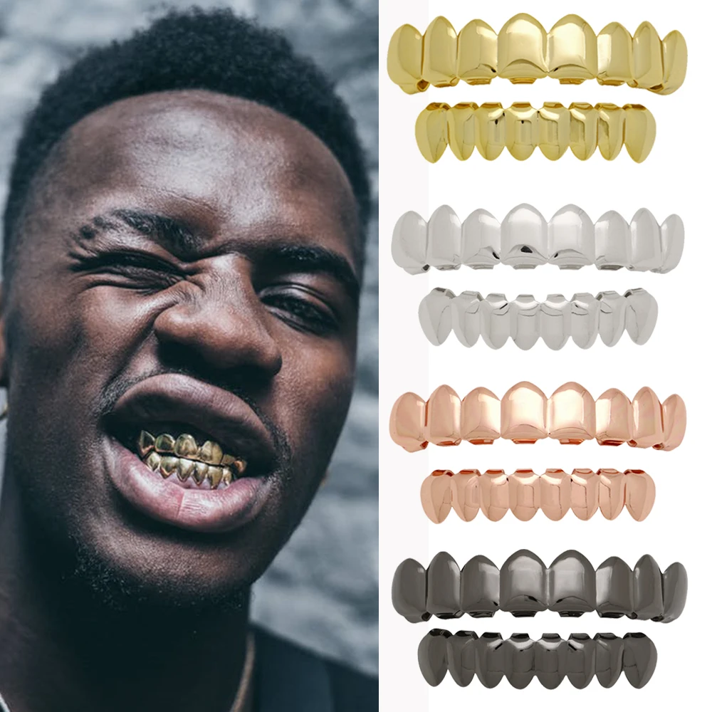 

Hip Hop Teeth Grillz Set For UnisexTop Bottom Mouth Gold Silver Color Teeth Grills Tooth Caps Removable Dental Fashion Jewelry