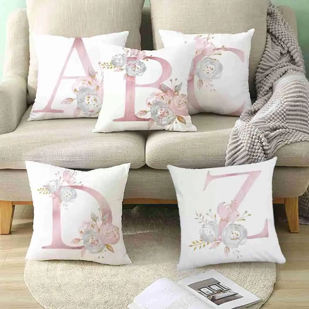 

1pc Flower Decorative Pillow English Alphabet Letter Kussenhoes Pink 45*45 Decor Pillows Sofa Home Cushion Cover P S5a2