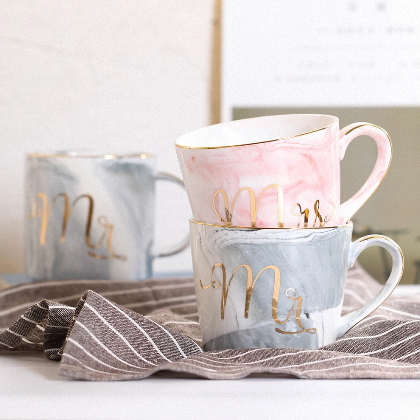 Marble Ceramic Mug Handpainted Gold Monogram Natural Marble Porcelain Coffee Mug Pink Gold Inlay Cup Creative Wedding Gift