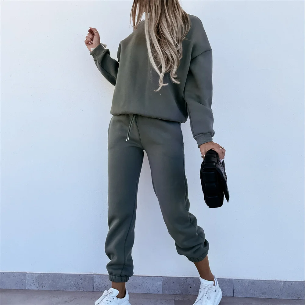 

Women Autumn Winter Tracksuit Solid Color Long Sleeve Round Neck Sweatshirt+Lace Up Pants Sports Clothes Suit Female Sportswear