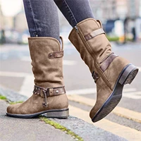 womens boots fashion autumn winter pu leather belt buckle mid up boots solid color square heel zipper casual boots plus size