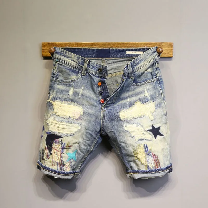 Summer Mens New Fashion Hole Ripped Short Jeans Knee Length Embroidery Slim Fit Bermuda Denim Shorts Streetwear Cowboy Trousers