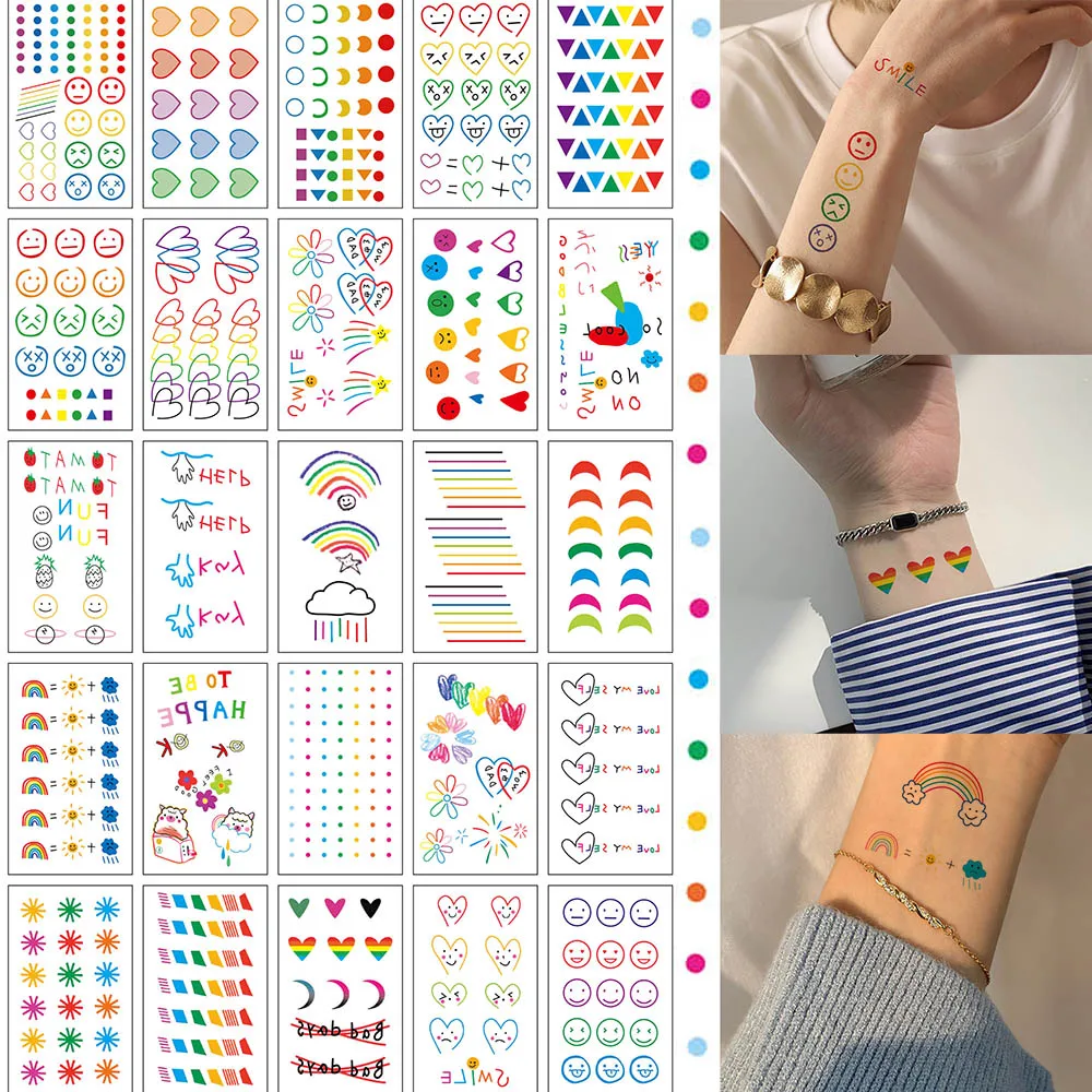 

30 sheet Rainbow Tattoos Waterproof Temporary Stickers Colorful Expression Sticker Face hand Lovely Body Art flash FakeTatto