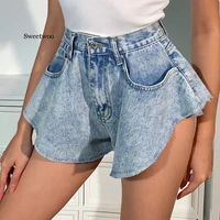 denim jean summer sexy shorts asymmetrical high waist shorts pockets button wide leg women shorts casual streetwear solid shorts