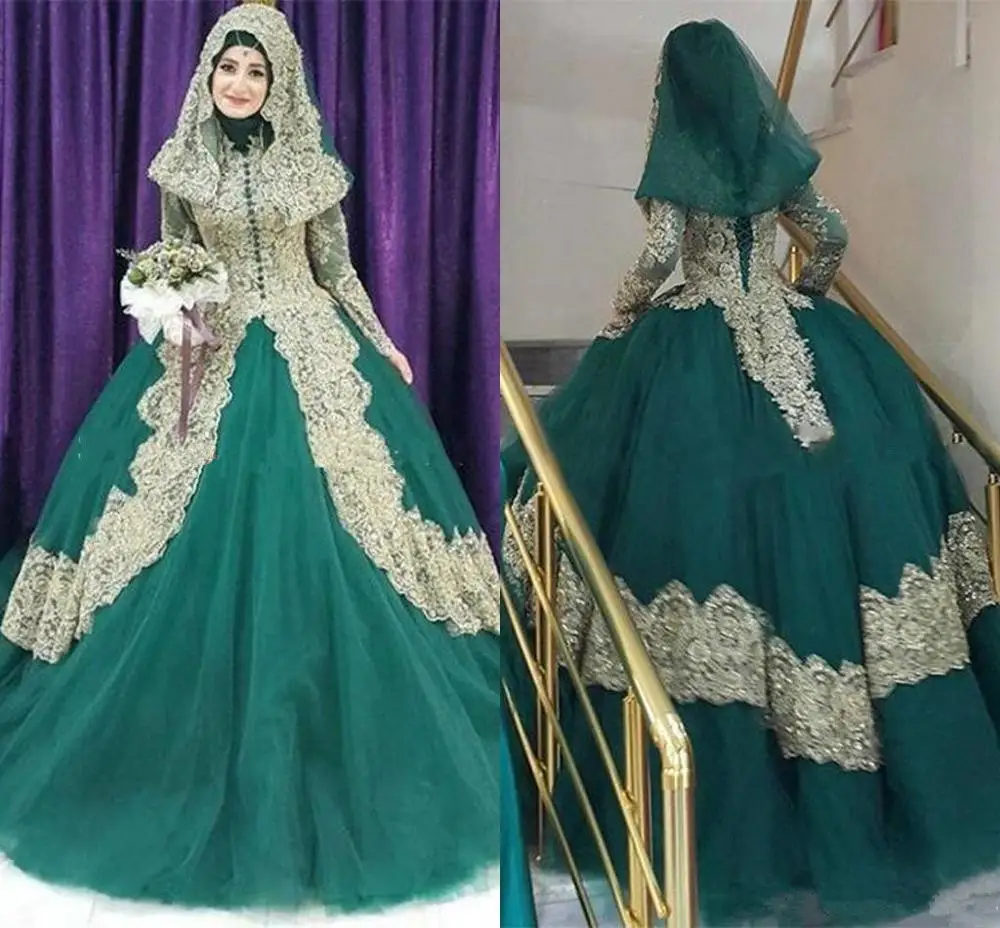 Арабское охотничье зеленое и Золотое кружевное мусульманское бальное платье