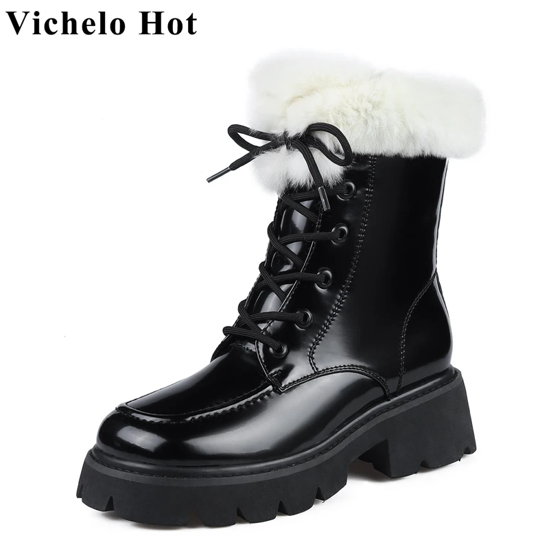 

Vichelo Hot winter warm snow boots plush cow split leather round toe cross-tied thick med heels rivets handmade ankle boots l48