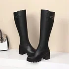 Женские высокие ботинки 2021, Новые однотонные модные трендовые высокие ботинки на среднем толстом каблуке, с круглым носком и боковой молнией