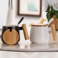simple wooden handle water cup ceramic cup with lid spoon coffee mug milk cup large capacity drinkware couple mug holiday gift