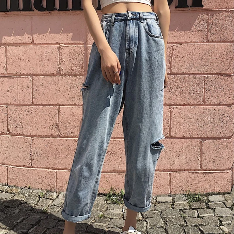 Женские джинсы с дырками свободные универсальные простые облегающие прямые