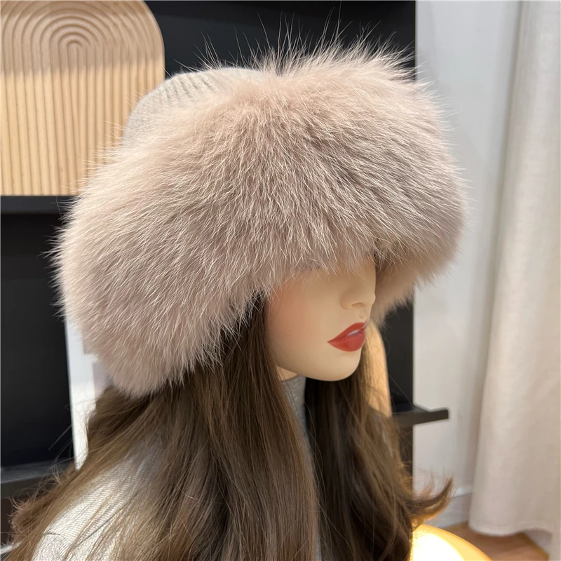 Women Winter Warm Thick Hat with Real Fox Fur Trimmed Girls Fluffy Cap Knitted Wool Outdoor Beanies