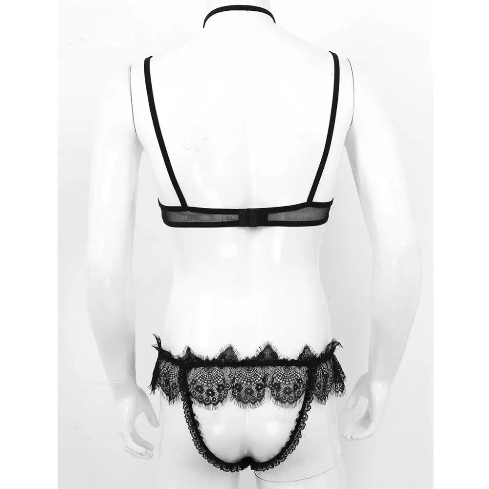 Gay Mens Sissy Lingerie Set Halter Neck See Through Sheer Mesh Lace Trim Bra Top + Open Butt Jockstrap Briefs Underwear Male |