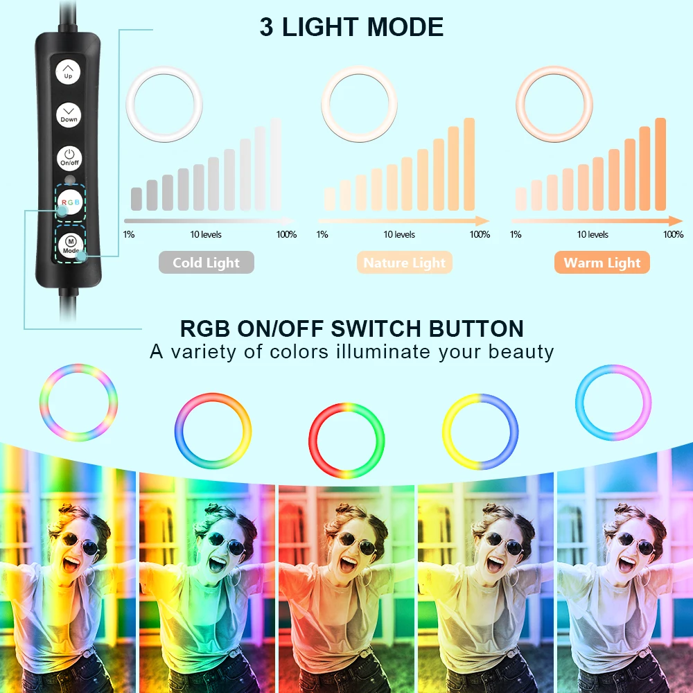 10inch26cm ring lamp rgb colorful led ring light with tripod stand rainbow with phone clip for vlogging short video youtube free global shipping