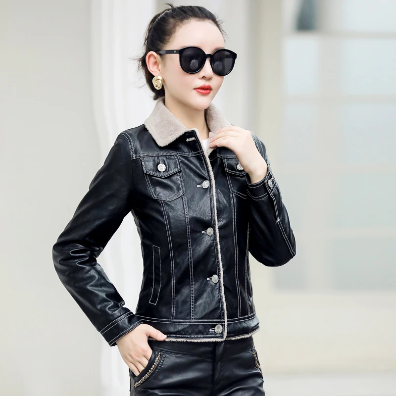 New Women Sheep Leather Jacket Autumn Winter Casual Fashion Double-Faced Lambswool Liner Thick Warm Slim Short Sheepskin Coat