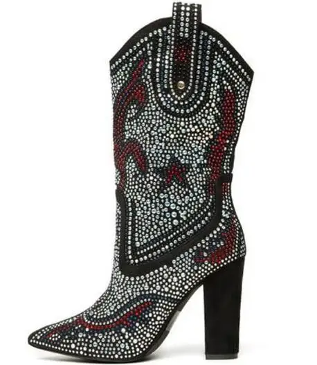 

Bling Multi Crystal Drilled Pentagram Full Rhinestone Denim Boots Pointed Toe Chunky Heels Martin Boots Zapatos Knight Boots